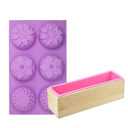 6 Round Flower Mold + Wooden Rectangle Silicone Soap Mould- Combo Pack